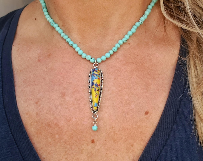 Turquoise necklace with Yellow Mosaic Jasper pendant Sterling Silver blue Turquoise beaded gemstone necklace Unique Turquoise jewellery gift