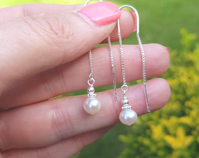 Freshwater pearl drop earrings on Sterling Silver Gold Vermeil threaders real white pearl wedding anniversary earrings bridal jewellery gift