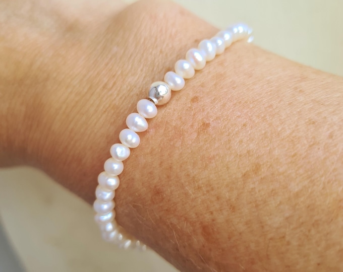 Tiny 3-4mm white Freshwater seed Pearl STRETCH Bracelet Sterling Silver or 14K Gold Fill June Birthstone jewellery gift for her him