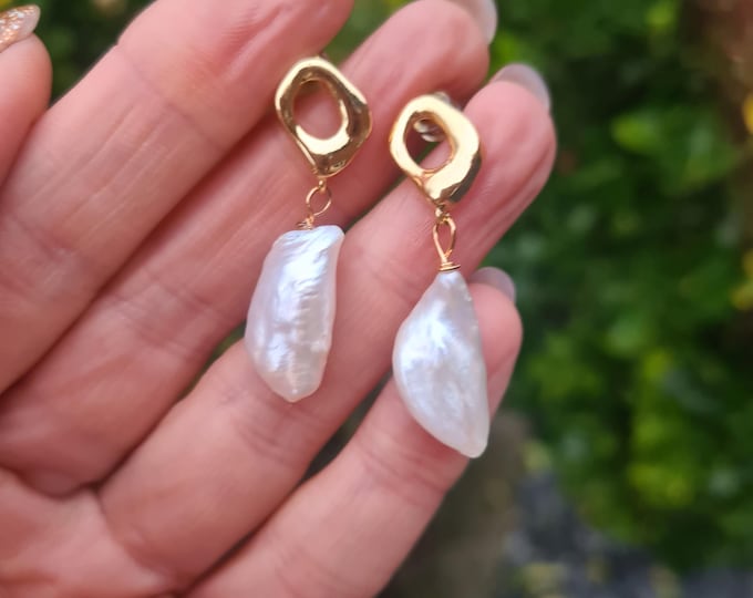 Large Baroque pearl earrings Gold Fill hoop big white Freshwater pearl drop earrings real Pearl June Birthstone jewellery gift for her mum
