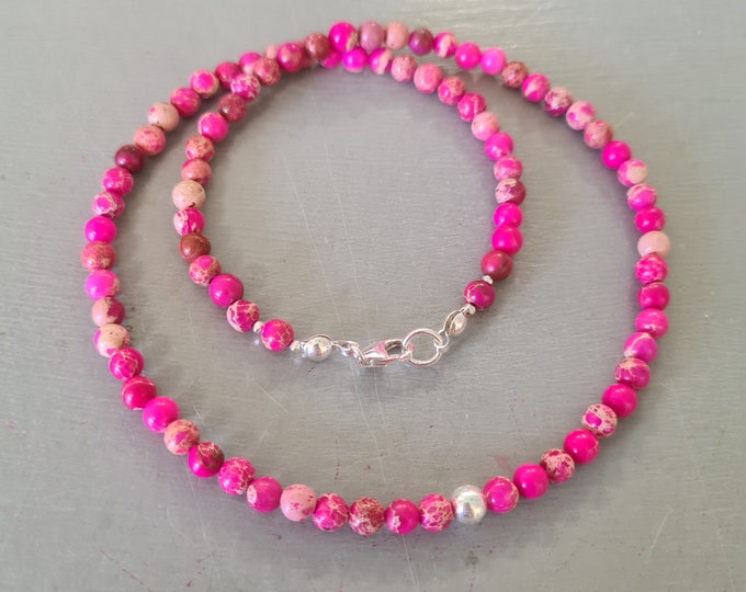 Tiny Pink Jasper choker necklace Sterling Silver / Gold Fill 4mm bright pink gemstone bead necklace Layering necklace Holiday bead jewellery