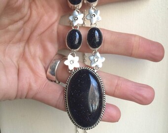 Blue Goldstone necklace pendant -  Sterling Silver flowers chunky gemstone necklace