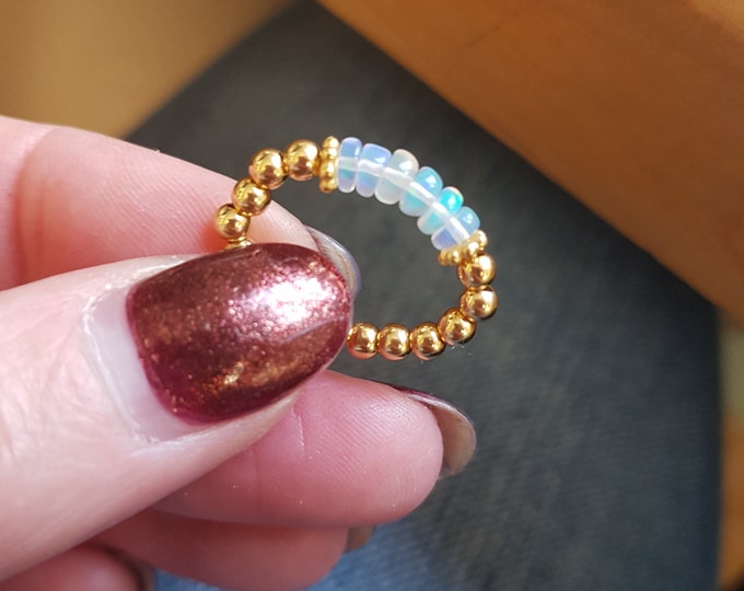 Ethiopian OPAL stretch Ring 14k Gold Fill tiny gemstone bead Ring Stacking ring real Welo Opal OCTOBER Birthstone jewellery gift for her