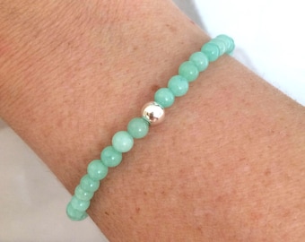Tiny AQUA green JADE STRETCH gemstone bead stretch Bracelet with Sterling Silver or Gold Fill accent bead -  heart Chakra jewellery gift