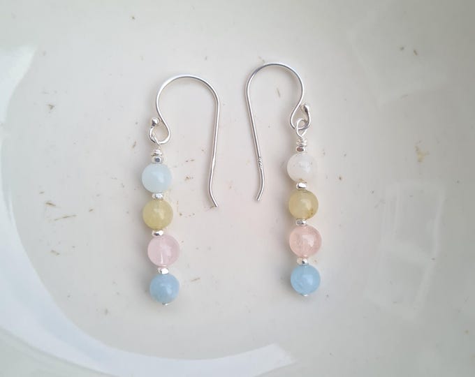 Tiny Morganite earrings Sterling Silver or Gold Fill 4mm blue pink pastel gemstone bead earrings beaded heart Chakra jewellery gift her girl