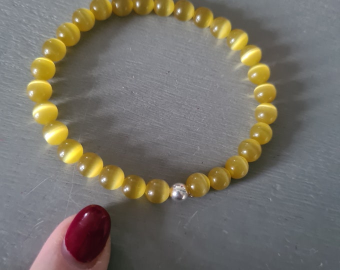 Yellow Cat's Eye bracelet Sterling Silver / Gold Fill 6mm mustard yellow bead stretch bracelet beaded stacking jewellery gift for girl