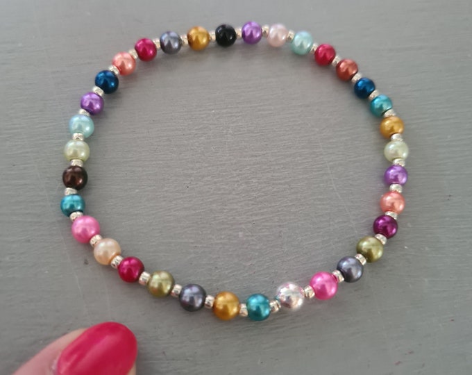 Tiny multi colour Pearl STRETCH Bracelet with Sterling Silver or Gold Fill accent bead -  4mm rainbow glass pearl Bracelet gift for girl
