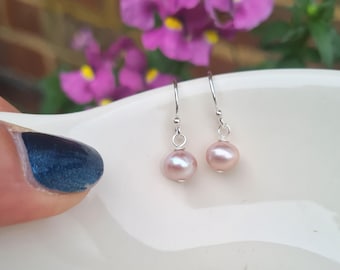Tiny Pink Freshwater pearl drop earrings Sterling Silver or Gold Fill real lilac pink pearl earrings June birthstone jewellery gift for girl