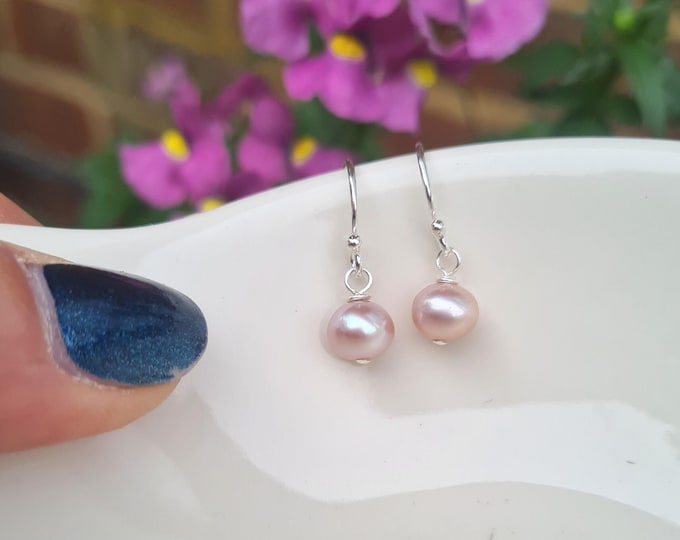 Tiny Pink Freshwater pearl drop earrings Sterling Silver or Gold Fill real lilac pink pearl earrings June birthstone jewellery gift for girl