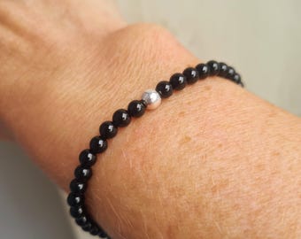 Tiny Black Onyx stretch Bracelet Sterling Silver or Gold Fill 4mm black GEMSTONE bead Bracelet stacking - February Birthstone jewellery gift