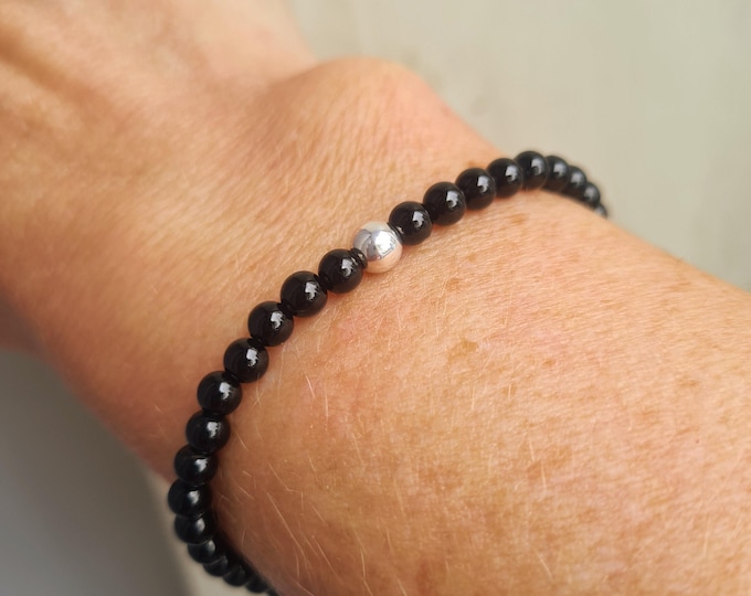 Tiny Black Onyx stretch Bracelet Sterling Silver or Gold Fill 4mm black GEMSTONE bead Bracelet stacking - February Birthstone jewellery gift