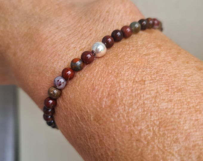 Red Jasper gemstone bead stretch Bracelet with Sterling Silver or 14K Gold Fill bead - Poppy Jasper jewellery - Root Chakra Jewellery gift