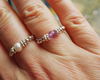 Amethyst Sterling Silver stretch ring purple gemstone bead ring stacking ring February Birthstone jewellery gift Healing Chakra jewellery