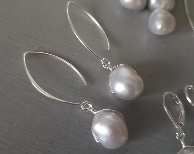 Grey Baroque Freshwater pearl earrings Sterling Silver Large grey pearl drop earrings Real Pearl Jewellery 30th Pearl anniversary gift wife