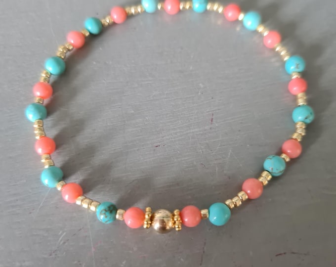 Tiny Turquoise and pink Coral STRETCH Bracelet in Gold or Sterling Silver -Holiday / Honeymoon Jewellery gift
