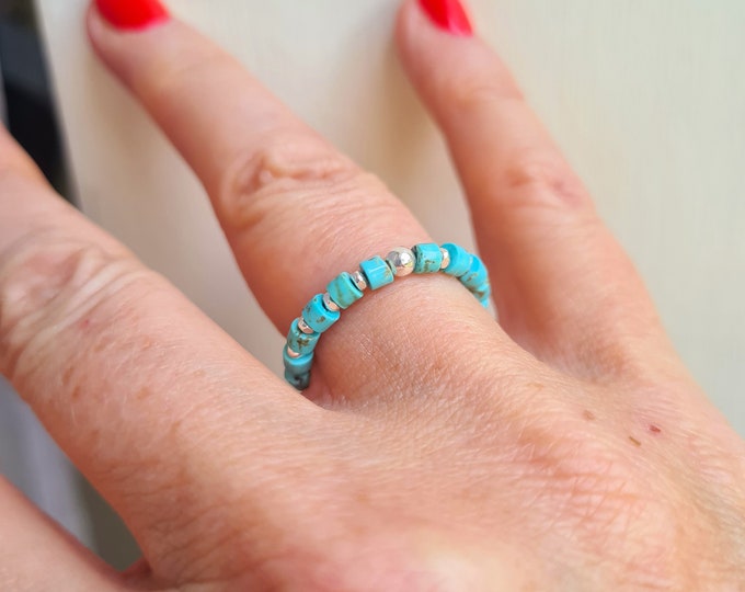 Tiny Turquoise stretch ring Sterling Silver Gold 3mm Turquoise Heishi gemstone bead stacking ring Boho December Birthstone jewellery gift
