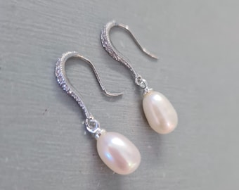 Freshwater pearl drop earrings on Sterling Silver CZ diamond  hooks white real Freshwater pearl earrings June Birthstone jewellery gift