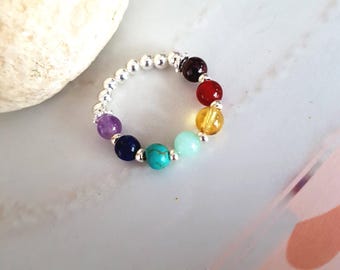 7 CHAKRA ring Sterling Silver or Gold Fill tiny gemstone bead stretch ring YOGA ring Chakra jewellery Boho Rainbow Healing Ring gift