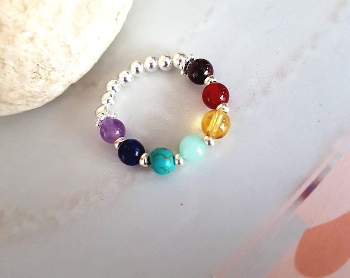7 CHAKRA ring Sterling Silver or Gold Fill tiny gemstone bead stretch ring YOGA ring Chakra jewellery Boho Rainbow Healing Ring gift