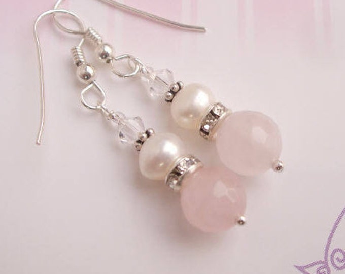 Sterling Silver Rose Quartz earrings  and Freshwater Pearl - January Birthstone jewellery gift for her