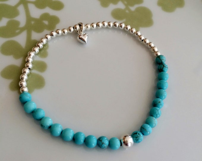 Turquoise STRETCH bead bracelet - Sterling Silver- throat Chakra - Yoga- healing jewelry gift