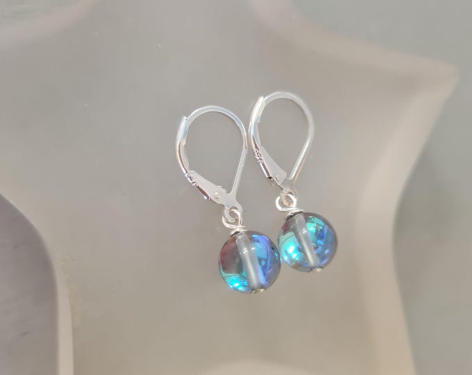 Grey Blue Mystic Quartz earrings Sterling Silver or 14K Gold Fill 8mm grey blue gemstone bead earrings Crown Chakra jewellery gift for her