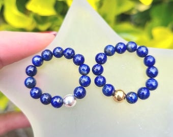 BLUE LAPIS LAZULI stretch ring Sterling Silver or Gold Fill 4mm Blue gemstone bead ring chakra stacking September Birthstone jewellery gift