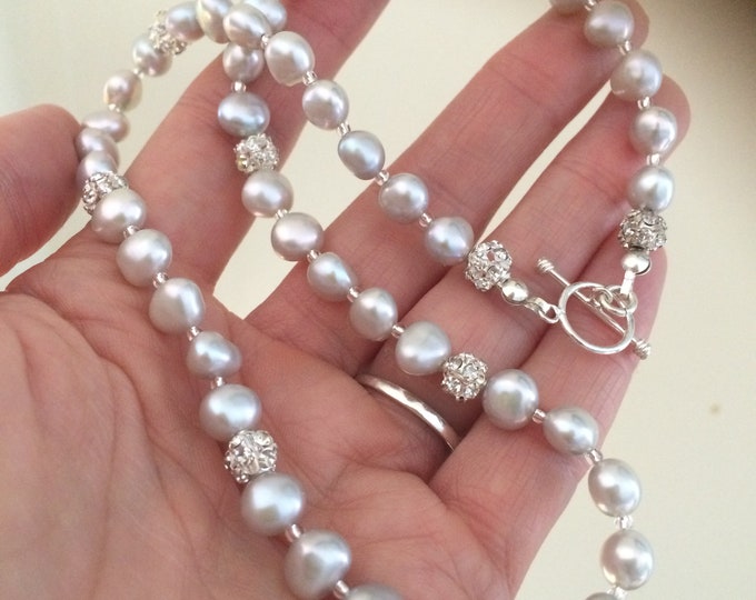 Grey Baroque Freshwater Pearl necklace with diamante ball beads and Sterling Silver toggle clasp Gift mum