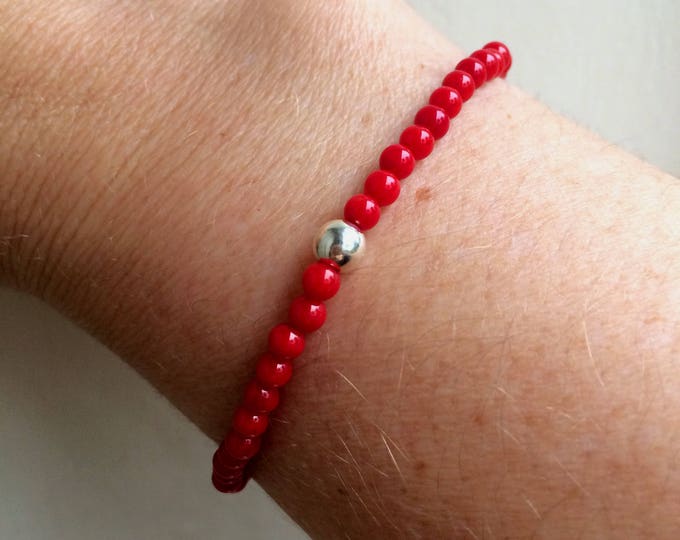 Red Coral stretch Bracelet Sterling Silver or Gold Fill bead Healing - Root Chakra - Yoga jewellery gift