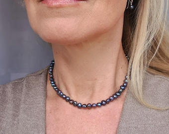 Peacock Baroque Freshwater Pearl choker necklace 7mm large Black pearl necklace REAL Peacock Pearl June Birthstone jewelry gift for her mum