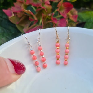 Tiny Pink Coral earrings Sterling Silver / 14K Gold Fill 3mm Pink Coral drop earrings pink gemstone jewellery Chakra jewellery gift for girl