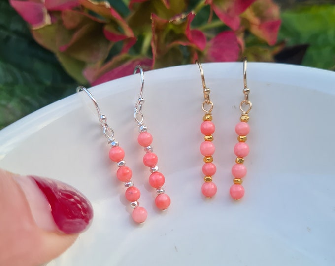 Tiny Pink Coral earrings Sterling Silver / 14K Gold Fill 3mm Pink Coral drop earrings pink gemstone jewellery Chakra jewellery gift for girl