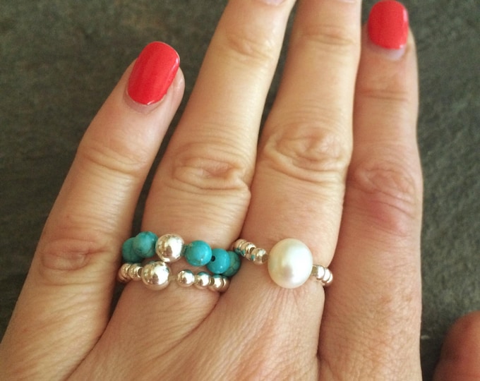 TURQUOISE stretch ring Sterling Silver or 14K Gold Fill blue gemstone bead ring beaded stacking ring December Birthstone jewellery gift