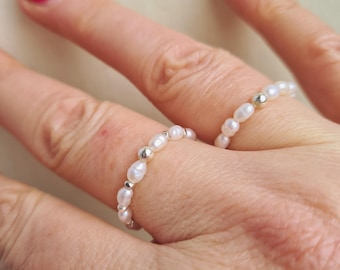 Tiny Freshwater Pearl stretch ring Sterling Silver or 14K Gold Fill real white rice pearl beaded stack ring June Birthstone jewellery gift