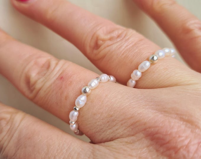 Tiny Freshwater Pearl stretch ring Sterling Silver or 14K Gold Fill real white rice pearl beaded stack ring June Birthstone jewellery gift