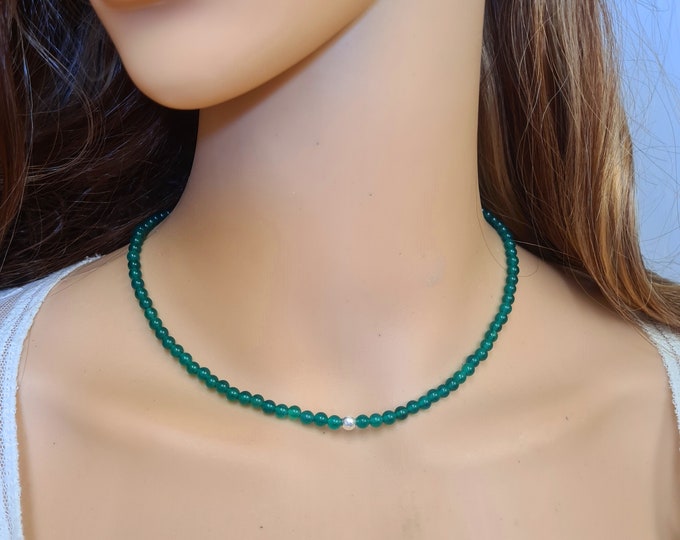 GREEN ONYX beaded necklace choker Sterling Silver or Gold Fill - Heart Chakra jewellery - Balance jewelry gift