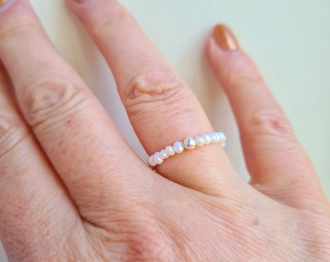 Tiny Freshwater Pearl stretch ring with Sterling Silver or Gold Fill accent bead - June Birthstone Jewellery gift for her girl