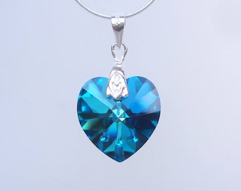 Blue Crystal Heart Necklace, Sterling Silver Bermuda Blue Heart pendant Necklace, Peacock Blue Mothers Day gift Primero Crystal Jewellery