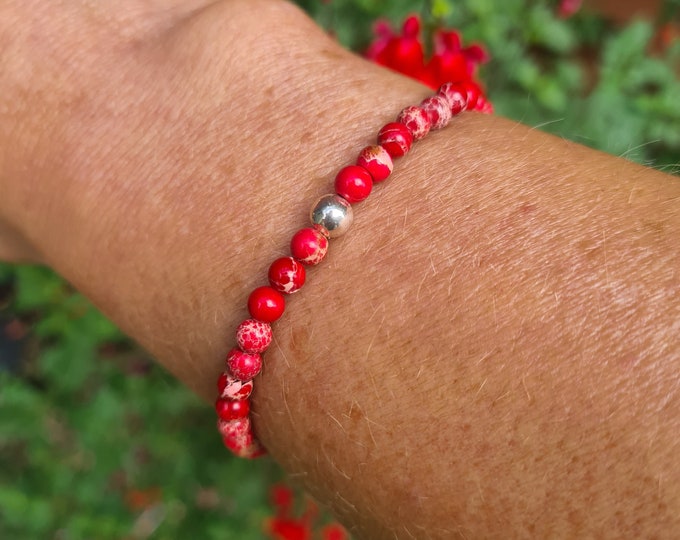 Red Jasper stretch Bracelet Sterling Silver / Gold Fill tiny 4mm red Imperial Jasper gemstone bead bracelet root chakra Protection jewellery