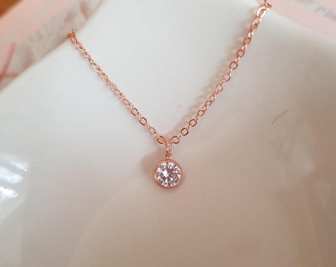 Tiny CZ diamond necklace choker 14K Gold or Rose Gold Fill clear Cubic Zirconia pendant necklace dainty April Birthstone Jewellery gift her