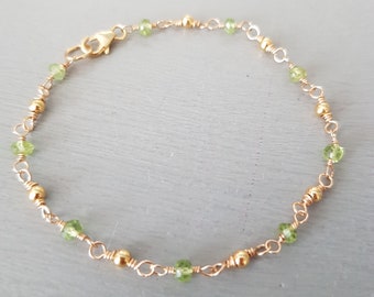 Tiny PERIDOT bracelet Gold Fill / Sterling Silver wire wrapped real green gemstone August Birthstone jewellery gift 16th wedding anniversary