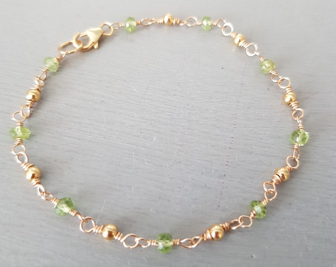 Tiny PERIDOT bracelet Gold Fill / Sterling Silver wire wrapped real green gemstone August Birthstone jewellery gift 16th wedding anniversary