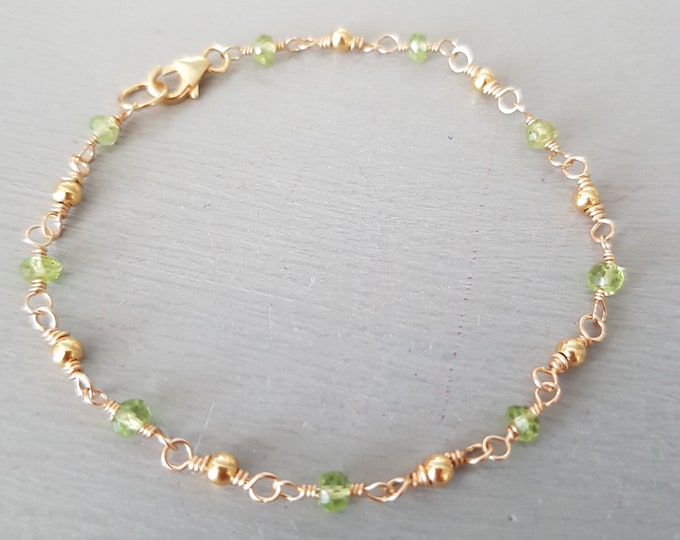 Tiny PERIDOT bracelet Gold Fill or Sterling Silver wire wrapped real green gemstone August Birthstone jewellery gift for her jewelry gift