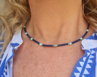 Tiny Lapis and Turquoise necklace choker Sterling Silver / Gold Blue gemstone bead necklace Lapis Lazuli September Birthstone jewellery gift