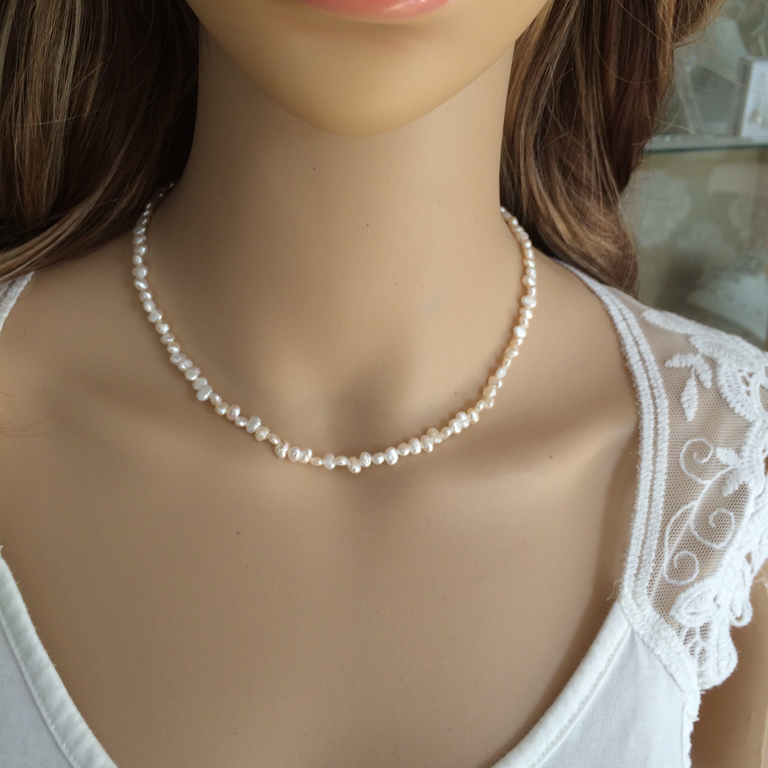 Tiny Freshwater Pearl Choker Necklace Sterling Silver Or Gold Fill Small 4mm Real White Baroque 