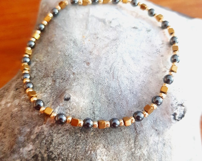Black and Gold Hematite stretch bracelet tiny gemstone bead bracelet stacking unisex dainty chakra crystal Jewellery gift for her or him