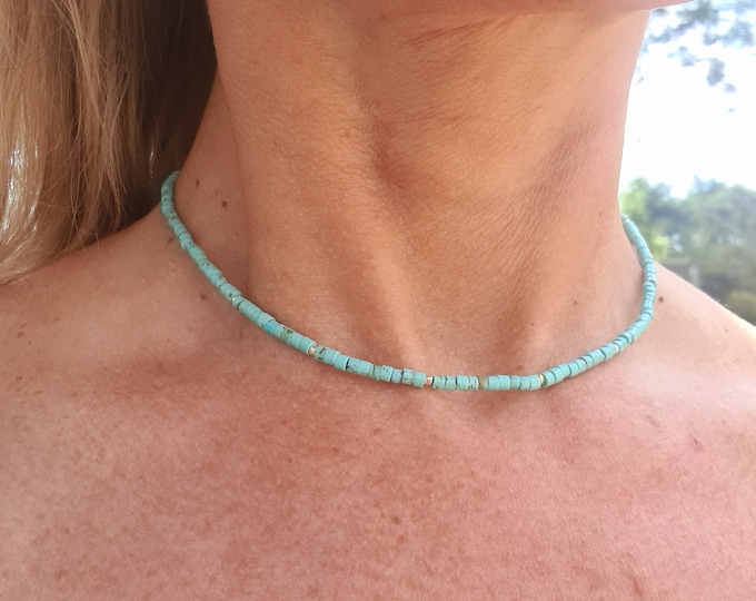 Tiny Turquoise choker necklace Sterling Silver or Gold blue Turquoise Heishi bead gemstone necklace Turquoise December Birthstone jewellery