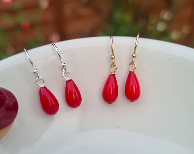 Tiny red Coral earrings Sterling Silver or Gold Fill small red Coral teardrop earrings red gemstone jewellery Chakra jewelry gift for girl