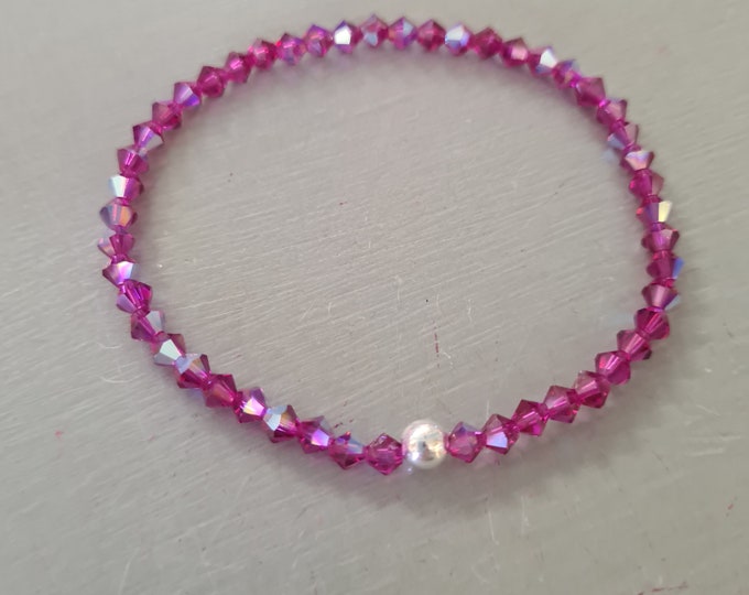 PINK AB crystal stretch bracelet with Diamante, Sterling Silver OR Gold Fill accent bead