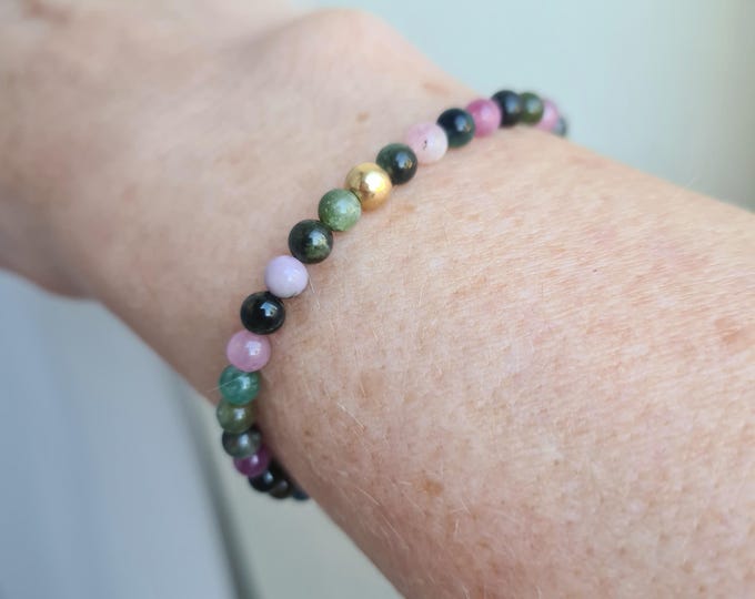 Watermelon Tourmaline STRETCH Bracelet Sterling Silver or Gold Fill 4mm Tourmaline gemstone bead bracelet October Birthstone jewellery gift